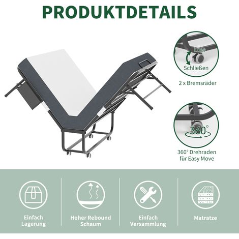 Lit pliant twin 190x78 cm avec matelas mousse mémoire 9,5 cm, lit d'appoint roulant et portable, cadre en métal renforcé, housse de rangement incluse (1/5)
