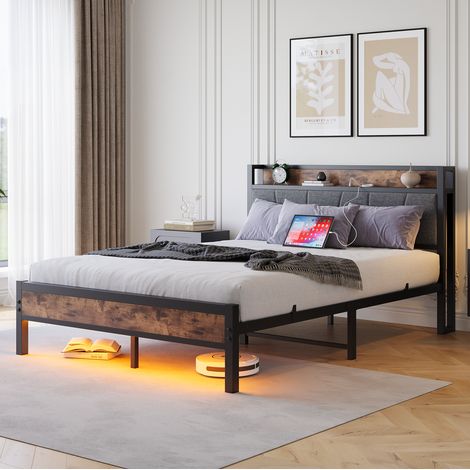 REDOM - Cama doble 140x200 cm - con LED - cabecero de almacenaje - MDF y metal - marrón antiguo (Sin colchón) (1/5)