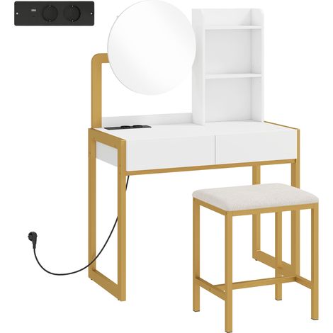 Coiffeuse avec miroir et tabouret, station de recharge, meuble cosmétique avec 2 tiroirs et 3 étagères ouvertes, blanche (1/5)