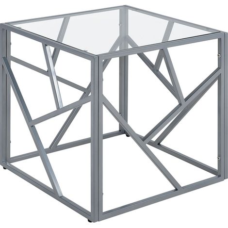 Mesa auxiliar tapa de cristal transparente marco de metal plateado cubo 50 x 50 cm glam moderno Orland (1/5)