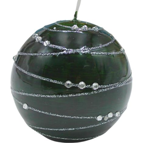 Bougie sphérique, de table, bougie décorative, en cire avec motif de pierre précieuse, bougie décorative en forme de boule de 8 cm, rayures argentées, vert foncé. (1/5)