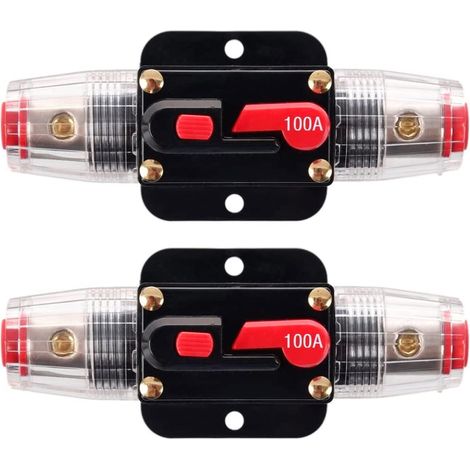 Lot de 2 fusibles réarmables de disjoncteur en ligne 100 A, porte-fusible réarmable 12-24 V CC 100 A avec réarmement manuel pour la protection des systèmes audio automobiles, marins et nautiques. (1/5)