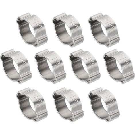10 abrazaderas de manguera de doble oreja de 13-15 mm, Anillos de engaste tipo O de acero inoxidable 304, Color plata (1/5)