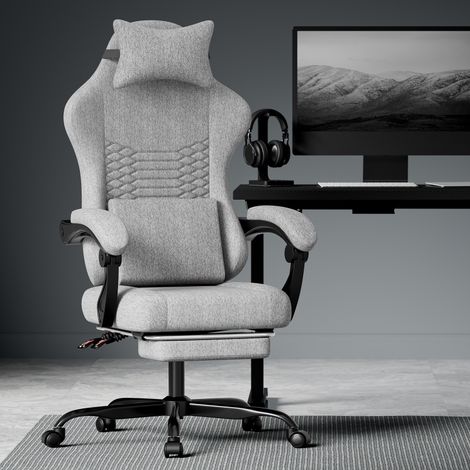 Chaise de bureau gaming en tissu, chaise gaming massante avec appui-tête, siège gaming ergonomique de type racing avec repose-pieds (gris clair) (1/5)