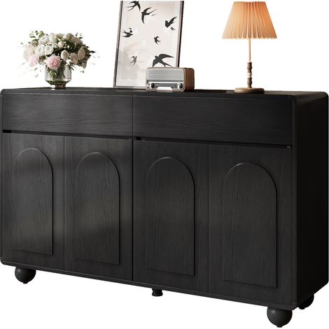 Buffet de salon moderne à portes cintrées, 2 tiroirs, 4 portes et étagères réglables, structure PB et MDF, pieds métal noirs  CHICFURN (1/5)