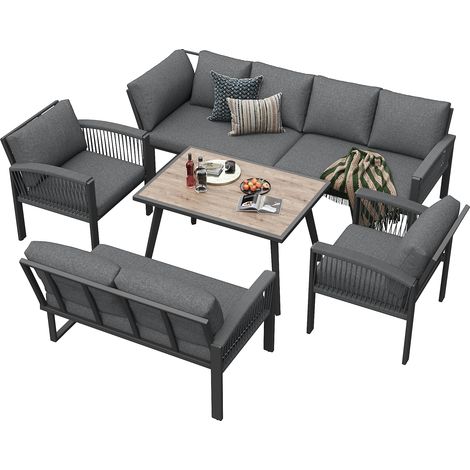 Conjunto de Jardín de 8 Plazas en Metal y Poliéster con Mesa, 3 Sofás, 2 Sillones con Reposabrazos Trenzados y Cojines Gruesos, Gris (1/5)