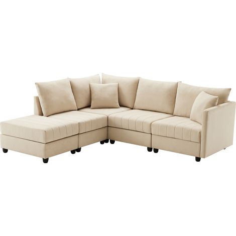 Divano Angolare Modulare a 5 Posti con Pouf Rimovibile, Cotone e Lino Beige 220 x 194 x 85 cm (1/5)