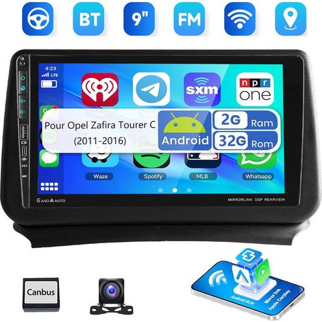 Autoradio 9" Android 14 32/64 Go GPS RDS BT CarPlay pour Opel Zafira Tourer C 2011-2016 USB et Type-C - 2+32G CAM (1/5)