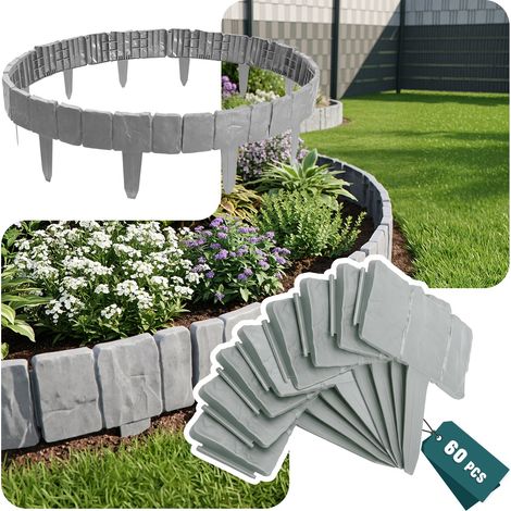 VOUNOT® Bordura per Aiuola Effetto Pietra 15m, Bordo Giardino Decorativa in PP Resistente, Set da 60 Pezzi, Grigio Chiaro (1/5)