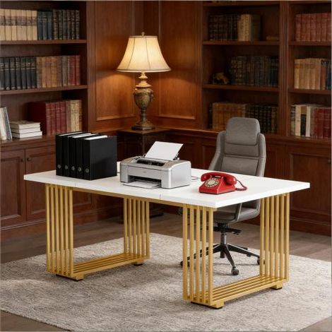Büroschreibtisch mit großer Tischplatte, 180 × 79 × 78 cm, Holz und Metall, Weiß-Gold, REDOM (1/5)