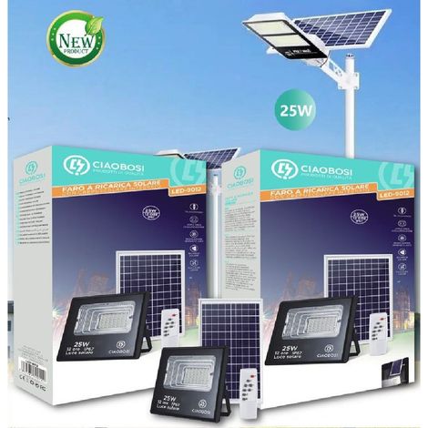 Faro Faretto Led Pannello Solare Fotovoltaico 25w Avec Crepuscola Ip67 Led-9012 (1/2)