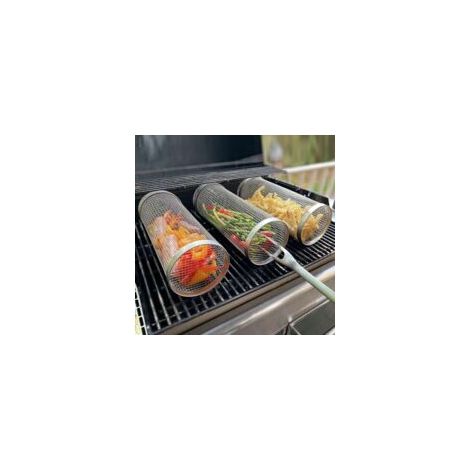 Cestino per grigliare su ruote da 2099 cm in acciaio inox per barbecue con cestello cilindrico per griglia da esterno, accessori per grigliare patatine fritte, 3 pezzi B