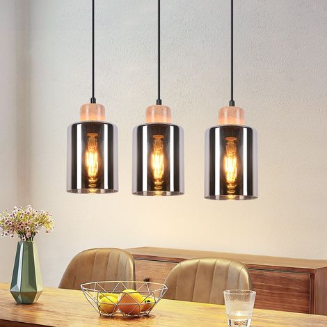 GBLY Pendelleuchte Holz Hängelampe esstisch: Esszimmerlampe 3 flammig Esstischlampe hängend Schwarz E27 Hängeleuchte Höhenverstellbar aus Glas Pendellampe für Esszimmer - Ohne Leuhctmittel