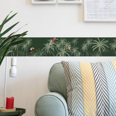 Frise murale autocollante 15 cm x 300 cm – Motifs savane, jungle, perroquet, cocotiers – Décoration intérieure repositionnable – Plage (1/3)