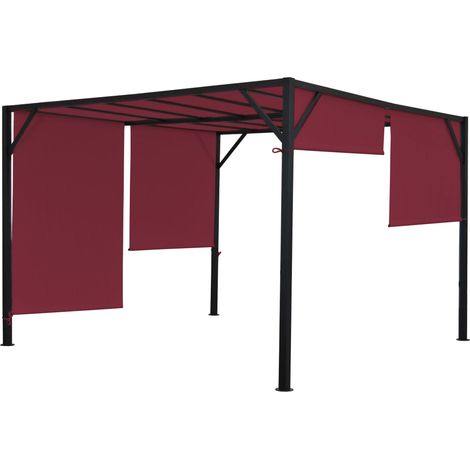 Pergola Beja, Garten Pavillon Terrassenüberdachung, stabiles 6cm-Stahl-Gestell + Schiebedach bordeaux-rot 4x4m