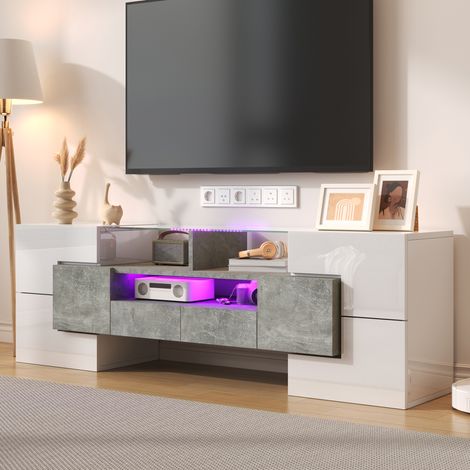 Mueble TV 145x30x51 cm blanco alto brillo con LED y 6 puertas (1/5)