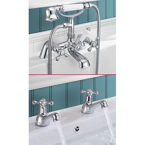 Stafford Victorian Set Of Hot & Cold Basin Taps And Bath Shower Mixer Tap With Handheld Kit (1/5)