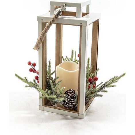 Lanterna in metallo con decorazione rami e bacche, candela con luci a LED -17 x 17 x h 39 cm (1/2)