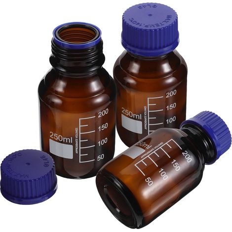 Lot de 3 Bocaux de Laboratoire en Verre Marron 250ml avec Couvercles à Vis, Stabilité Chimique et Étanchéité pour Stockage de Réactifs en Laboratoire (1/5)