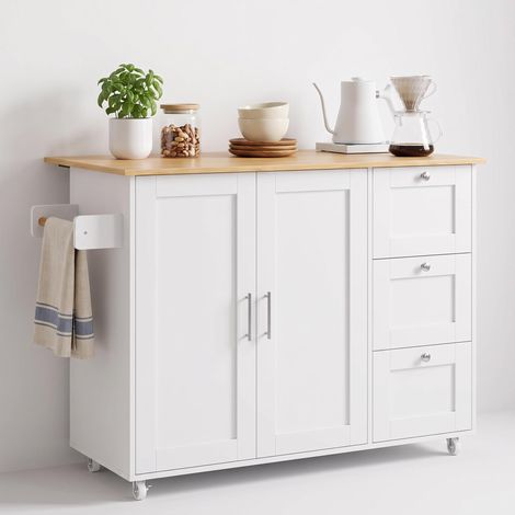FurnitureR White Kitchen Trolley 135x44x90cm with 3 Drawers 2 Doors (1/5)