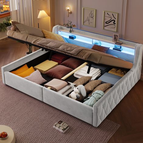 Letto contenitore 140x200 con vano idraulico e illuminazione LED, beige DESVIAE (1/5)