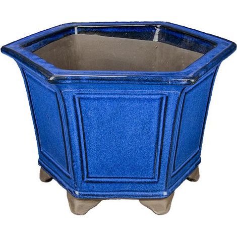 Vaso per bonsai esagonale (stile a cascata) in gres smaltato blu 29,5x29,5x21,5 cm - 2825a (1/3)