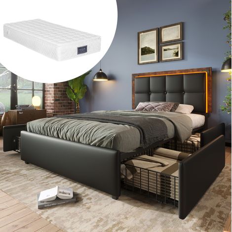Letto imbottito in PU nero 90x200 cm con LED, 4 cassetti, testiera regolabile e rete a doghe (1/5)