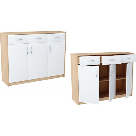 Buffet contemporain 3 portes 3 tiroirs blanc-sonoma – Meuble de rangement 110 x 35 x 85 cm – Panneau stratifié résistant aux rayures