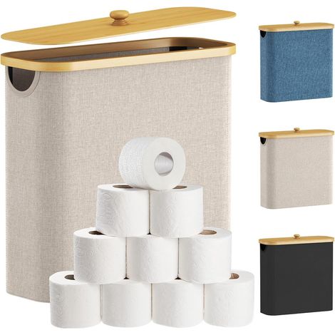 Porte-papier toilette, panier de rangement pour rouleaux de papier toilette, porte-papier toilette étroit en bambou avec couvercle. (1/5)