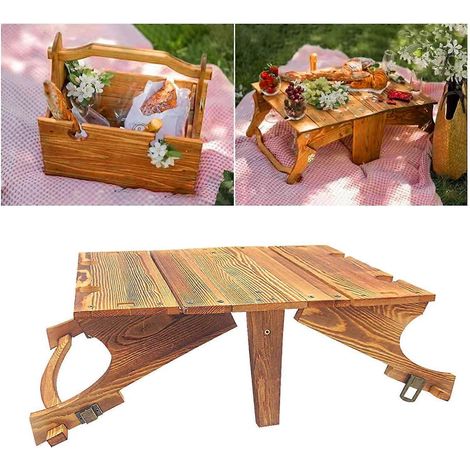 Table de pique-nique pliante en bois 2 en 1, panier de rangement portable pour les collations, équipement de camping et de randonnée, accessoires (1/5)