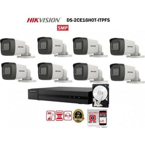 KIT VIDEOSORVEGLIANZA HIKVISION PRO DVR 8 CANALI 8 TELECAMERE BULLET 5 MPX 500GB