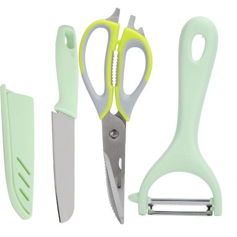 Multifunktionales Set aus Edelstahlschere, Kartoffel- und Karottenmesser, Obstschäler, Küchenutensil, grün (1/5)