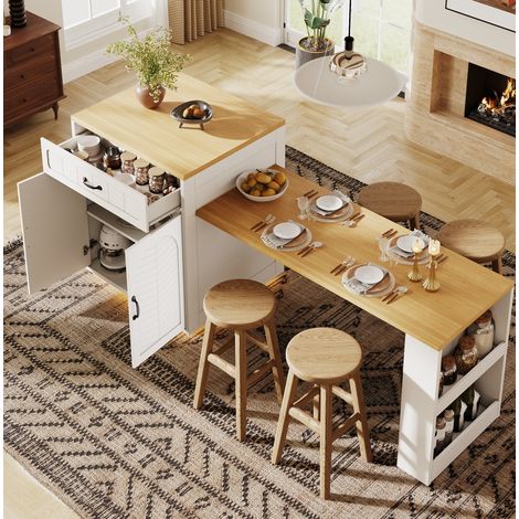 Îlot de cuisine 80x70x95.5 cm blanc en MDF et métal avec table extensible, rangement et éclairage LED (1/5)