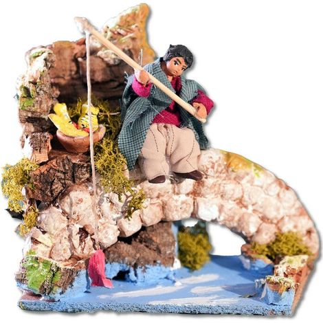 Presepe Pescatore Bambino con Ponte a Movimento cm 14x9x13