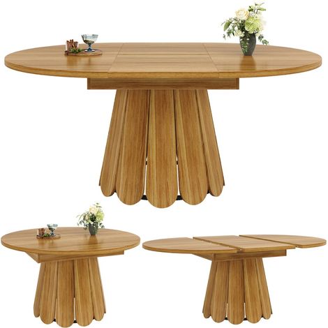 Table Extensible Salle à Manger 118-158x118x76cm Bois Rond/Ovale 6 Couverts, Cuisine Balcon, Marron (1/5)