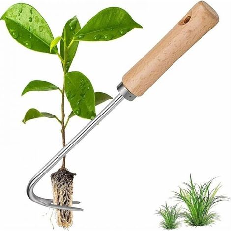 Outil de Désherbage en Acier Inoxydable, Désherbeur Manuel Herbe Jardinage avec Poignée Bois Désherbeur en Acier Inoxydable Extracteur de Mauvaises Herbes, pour Désherber Votre Jardin (1/5)