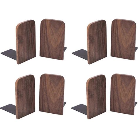 Lot de 8 serre-livres en bois avec base en métal, support de livre robuste en noyer noir avec picots antidérapants (1/5)