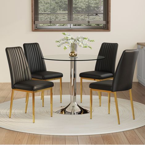 Set da pranzo con tavolo in vetro trasparente e 4 sedie in PU nero, base argento e gambe oro, tavolo Ø85x76 cm (1/5)