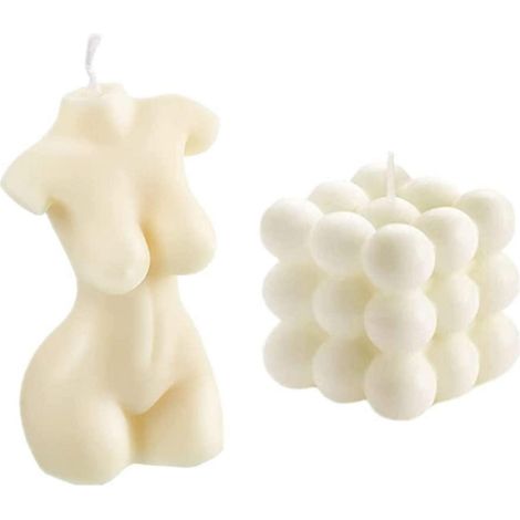 2er Set Duftkerzen: weiblicher Körper & Bubble Cube, Sojawachs, Deko