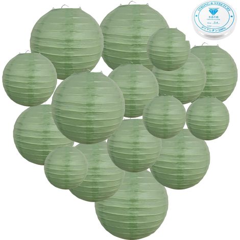 Lot de 16 lampions en papier vert sauge, ronds, décoratifs, avec fil de pêche, 50 m, lanternes en papier à suspendre pour fêtes d'anniversaire, décorations de fête de jardin, décorations de mariage (1/5)