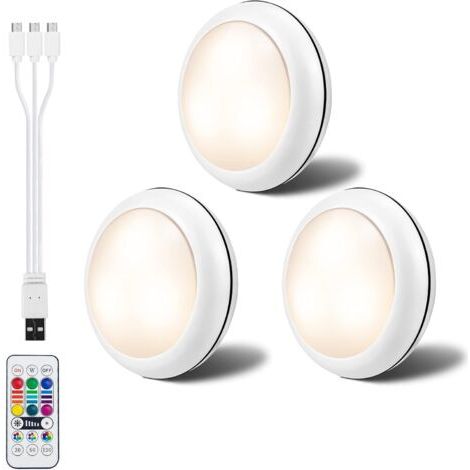 AIPERQ RGBW Illuminazione per mobili Faretti ricaricabili Batteria da 1000 mAh 16 modalità colore Luce notturna a LED con telecomando per camera da letto Armadio da cucina Armadio Confezione da 3 (1/4)