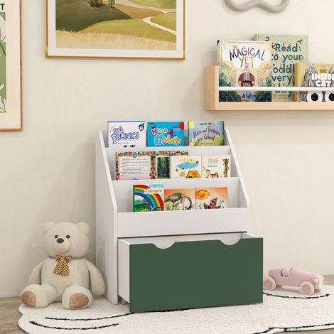Estantería infantil multiusos con 3 estantes y un cajón, 62,5 cm de largo x 30 cm de ancho x 70 cm de alto, color verde. (1/5)