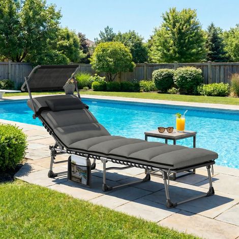 Bain de Soleil Gris 5 Positions Inclinables avec Canopy Coussin Appuie tête Poche Latérale Foncé 190x57x30cm