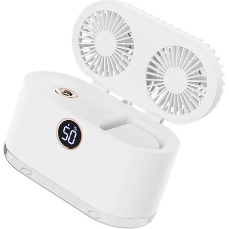Ventilateur humidificateur 2 en 1 compact, rechargeable par USB, à double pale, portable et puissant, idéal pour le bureau ou la chambre (blanc) (1/5)