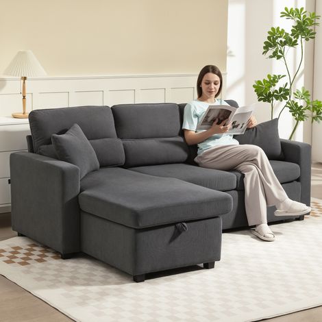 Canapé d'angle convertible en velours côtelé, canapé-lit 3 places avec rangement caché, coussins, 205x135x76cm, gris (1/5)