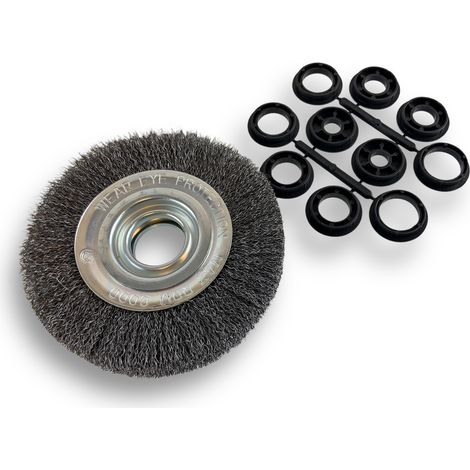 Brosse circulaire ACIER Ø 150 mm Epaisseur 3 rangs Fil dur 0.30 mm ondulé Alésage 32 mm + réducteur bague 25/22/20/16/12 mm Touret meuleuse affûteuse ponceuse Kibros 235153AT