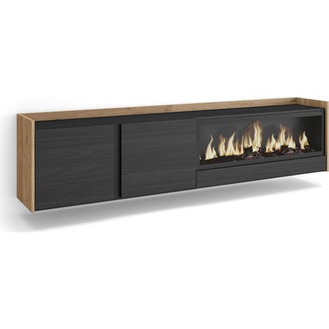 Skraut Home - Mueble TV, Televisión, Muebles de salón, almacenaje, 212x35x50cm, Para TV hasta 80", Chimenea eléctrica XXL, Colgado, Suspendido, Estilo Moderno, Negro y roble (1/5)