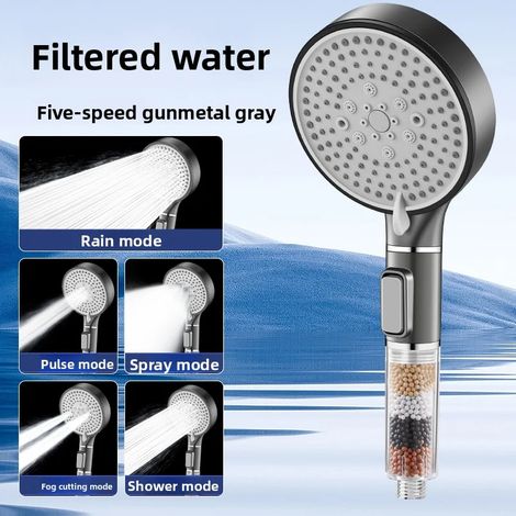 (Gris) Pommeau de douche filtrant haute pression à cinq modes avec débit d'eau réglable, adapté aux salles de bains. (1/5)