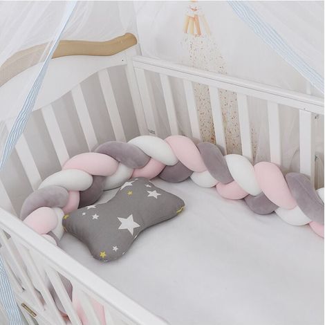 Promotion Tour de lit bébé—1.5M Tour De Lit Coussin Serpent Coussin Tresse Pare-Chocs Velours Protection Bebe Cloture En Tissu Anti-Collision (Blanc+Gris+Rose)--TRIMEC (1/2)