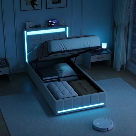 Polsterbett 90x200 cm - Bett mit stauraum und led beleuchtung - Einzelbett mit usb type-c ladeanschluss leinenstoff modern - Beige (1/5)
